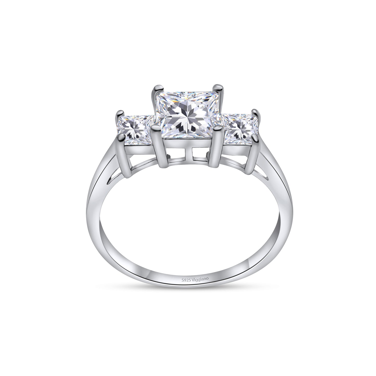 925 Sterling Silver Three Stone Square Diamond Engagement Ring