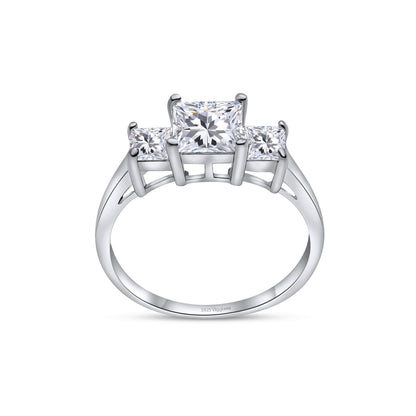925 Sterling Silver Three Stone Square Diamond Engagement Ring