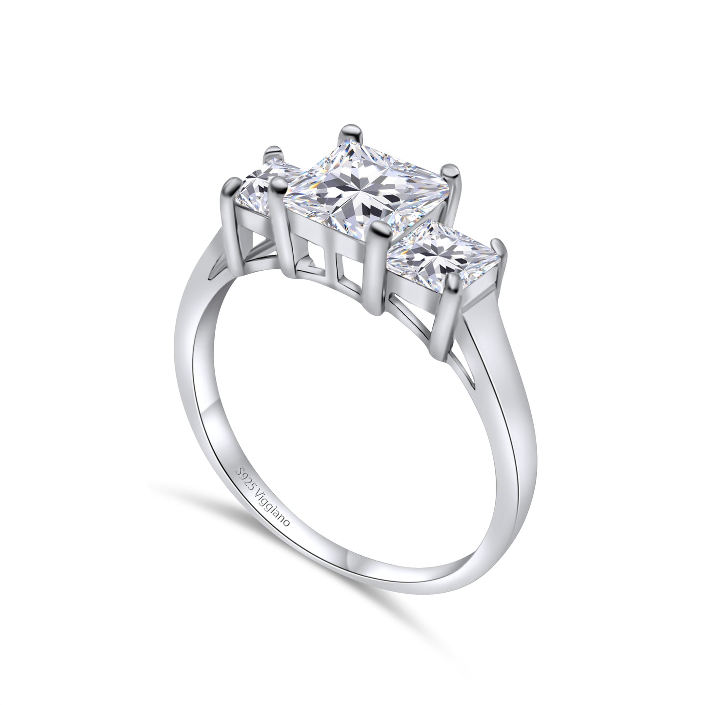 925 Sterling Silver Three Stone Square Diamond Engagement Ring
