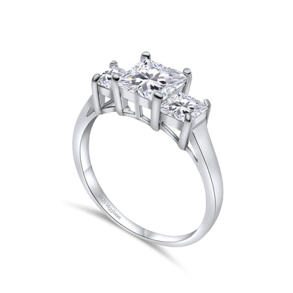 925 Sterling Silver Three Stone Square Diamond Engagement Ring