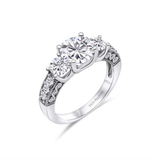 925 Sterling Silver Three Stone Diamond Engagement Ring