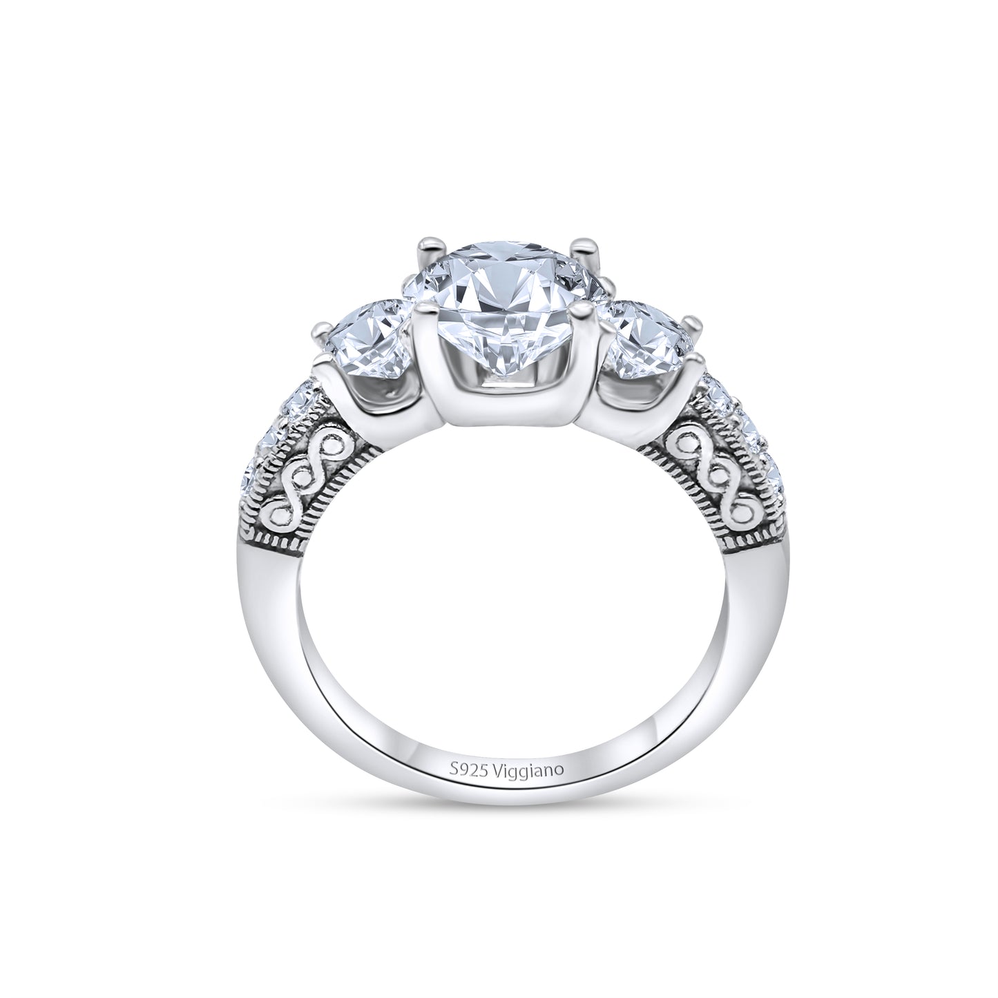 925 Sterling Silver Three Stone Diamond Engagement Ring