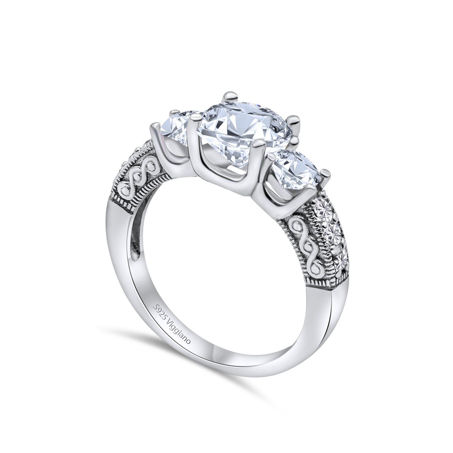 925 Sterling Silver Three Stone Diamond Engagement Ring