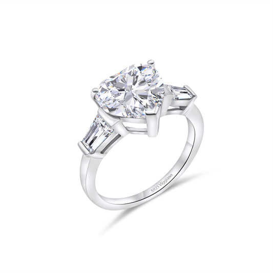 925 Sterling Silver Heart Diamond Baguette Engagement Ring