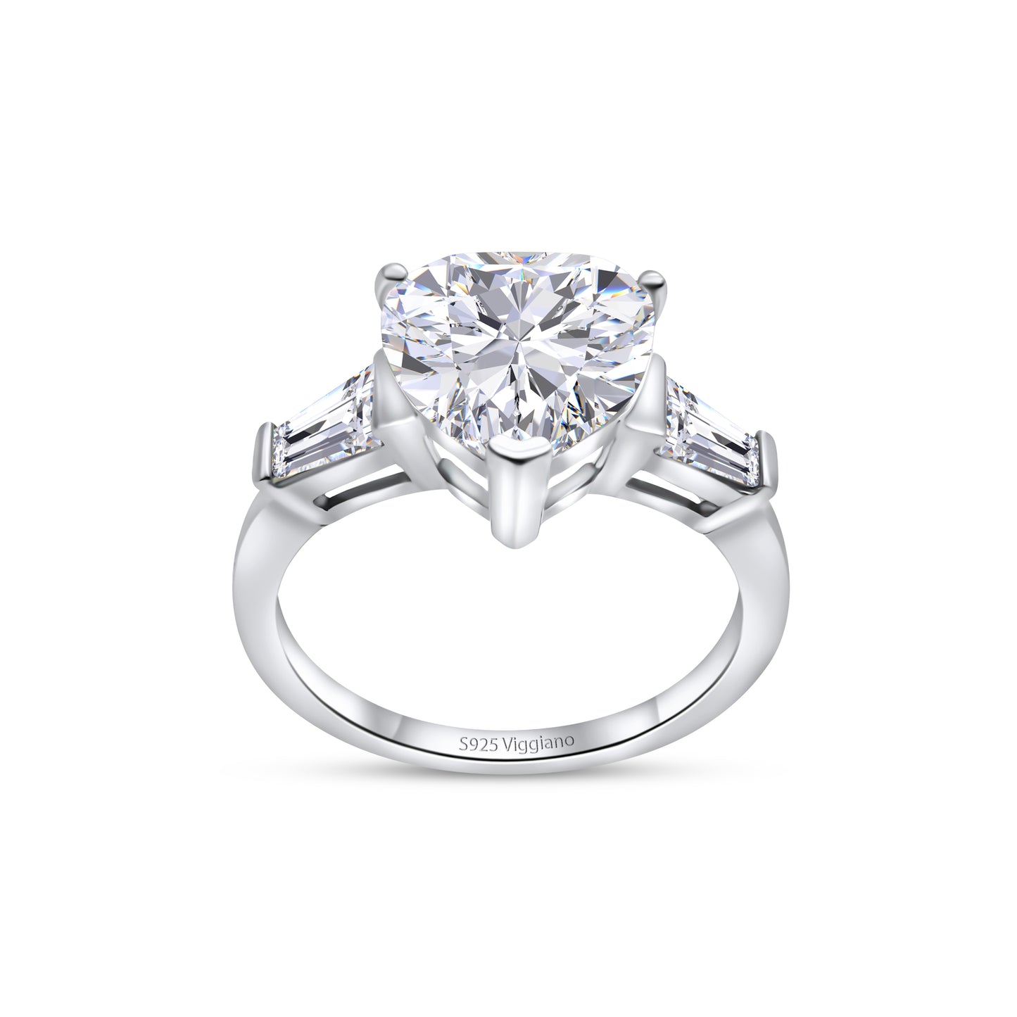 925 Sterling Silver Heart Diamond Baguette Engagement Ring