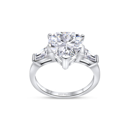 925 Sterling Silver Heart Diamond Baguette Engagement Ring