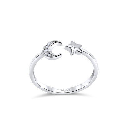 925 Sterling Silver Star Moon Stackable Open Ring