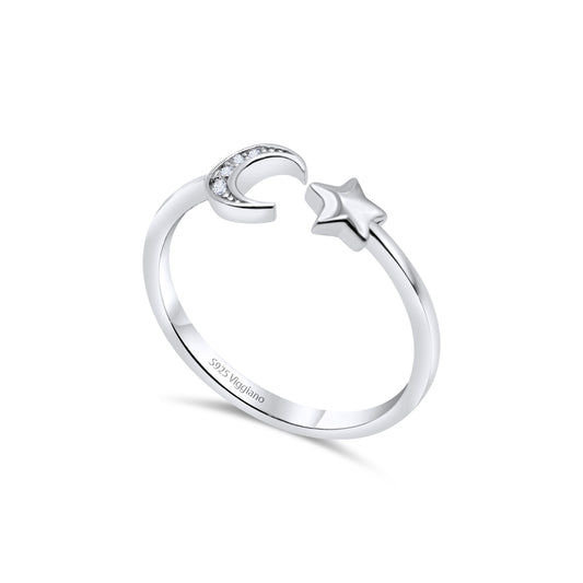 925 Sterling Silver Star Moon Stackable Open Ring