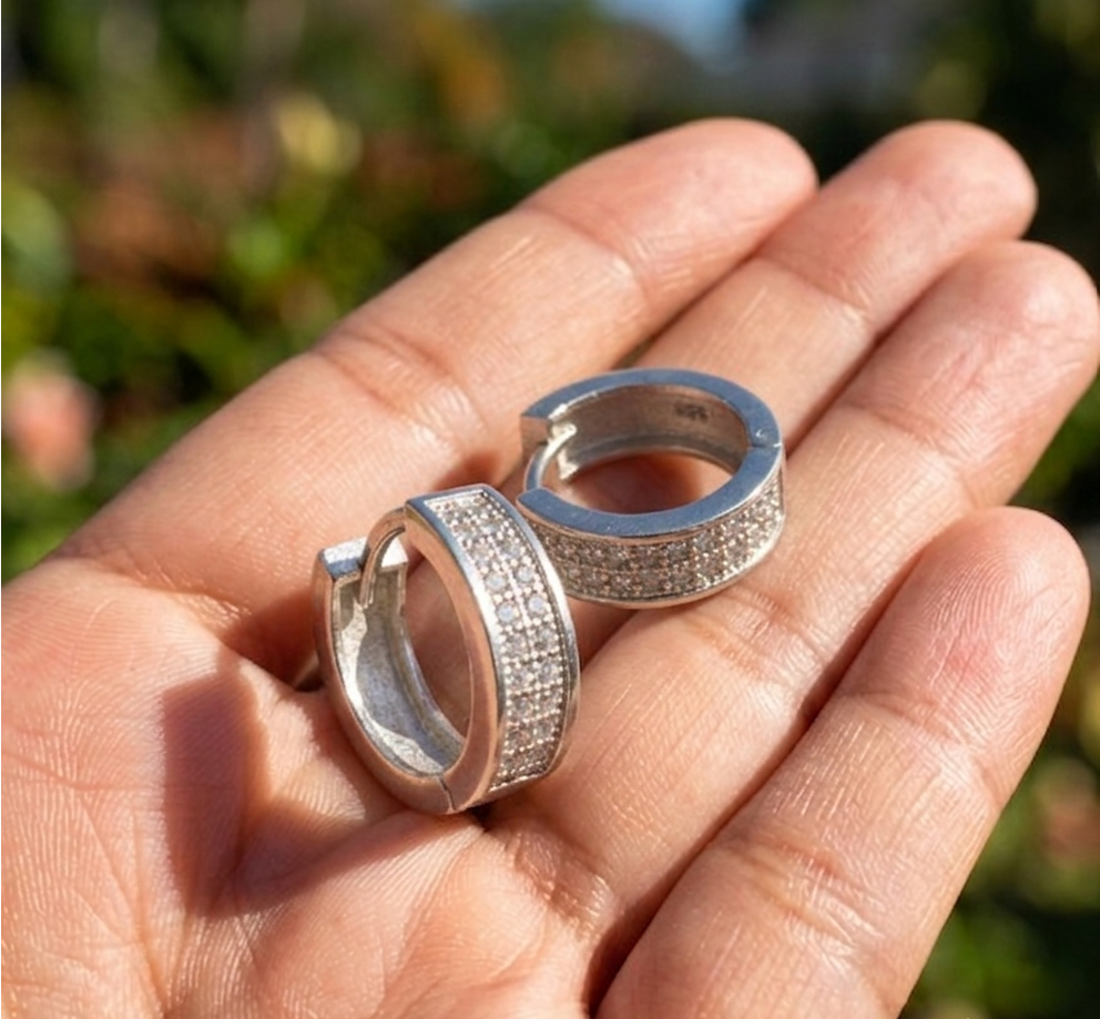 925 Sterling Silver Mens 15mm Diamond Huggie Earring