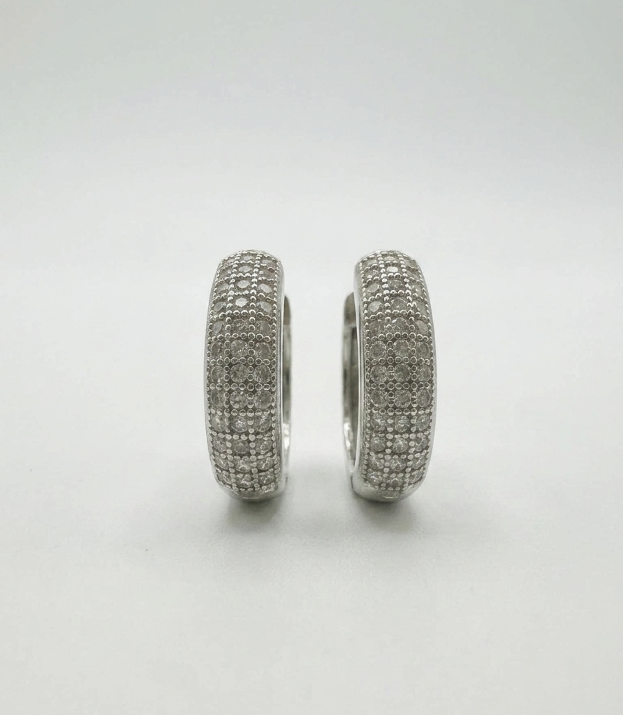 925 Sterling Silver 14mm Three Row Diamond Huggie Earring