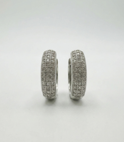 925 Sterling Silver 14mm Three Row Diamond Huggie Earring