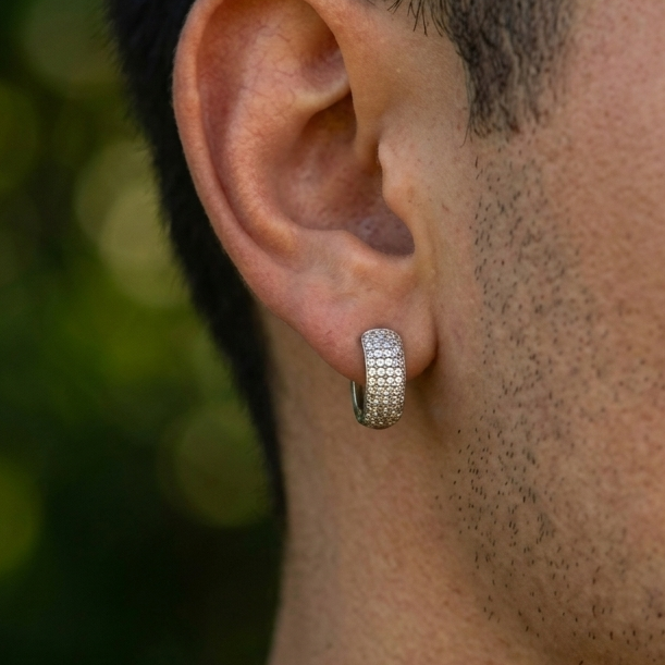 925 Sterling Silver 15mm Four Row Diamond Huggie Earring
