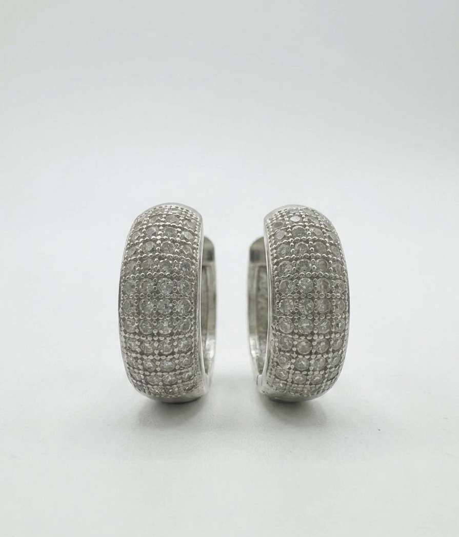 925 Sterling Silver 15mm Four Row Diamond Huggie Earring