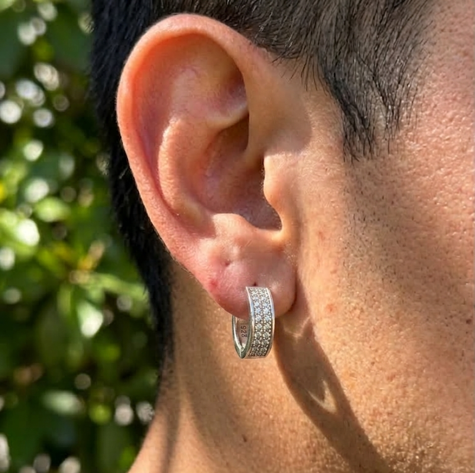 925 Sterling Silver Mens 15mm Diamond Huggie Earring