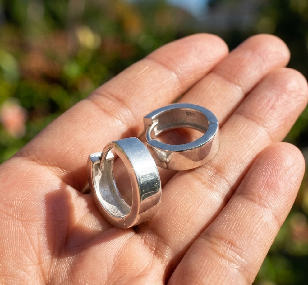 925 Sterling Silver Mens 15mm Plain Huggie Earring