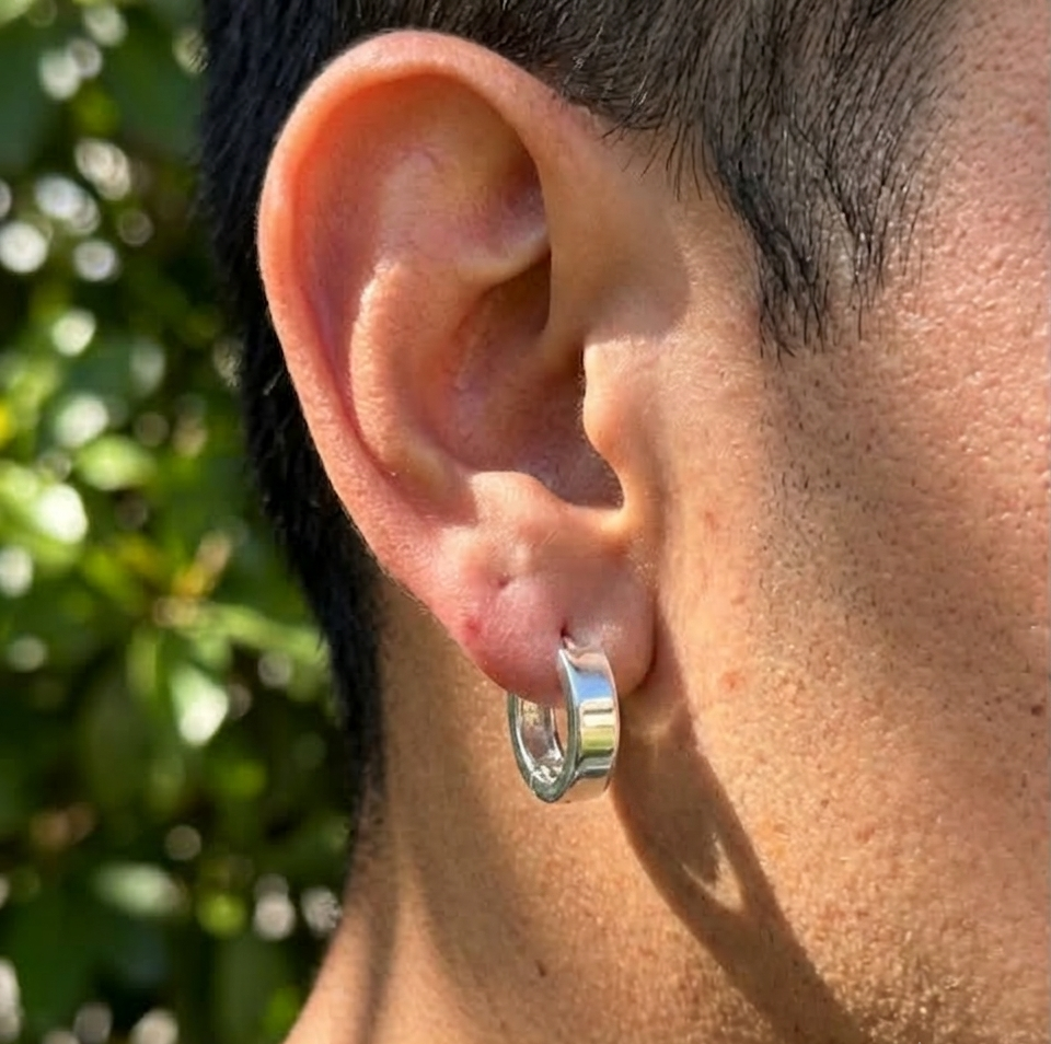 925 Sterling Silver Mens 12mm Plain Huggie Earring