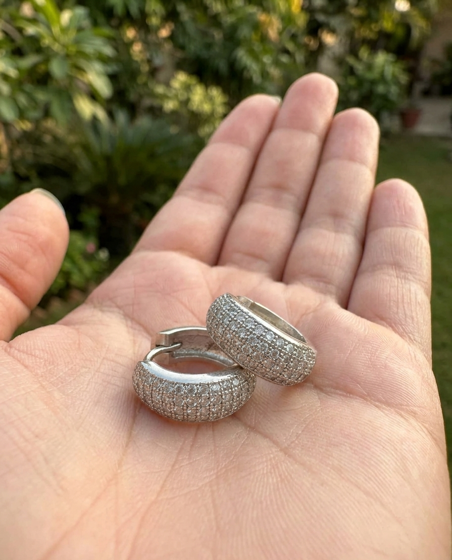 925 Sterling Silver 15mm Four Row Diamond Huggie Earring