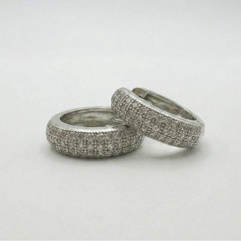 925 Sterling Silver 14mm Three Row Diamond Huggie Earring