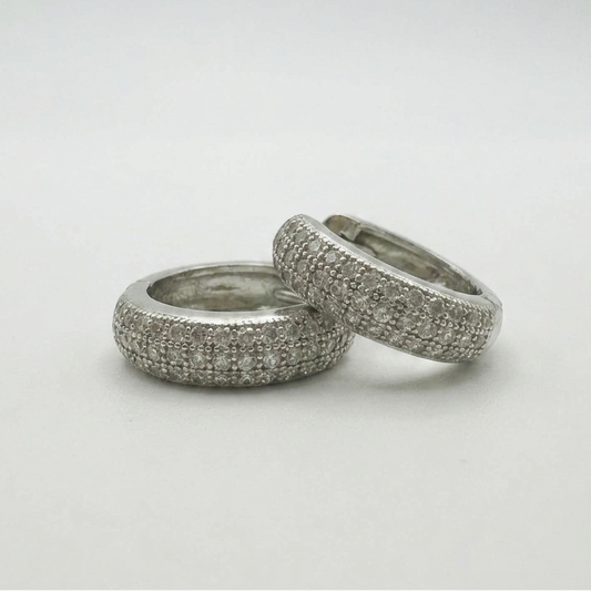 925 Sterling Silver 14mm Three Row Diamond Huggie Earring