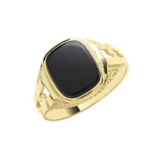 9ct Gold Gent's Cush Black Onyx Curb Side Signet Ring - jewellerysavers